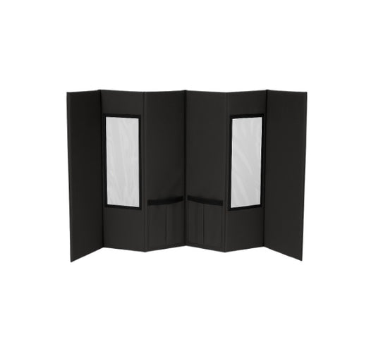 Black portable pet grooming station with two clear window panels and a sturdy, foldable design.