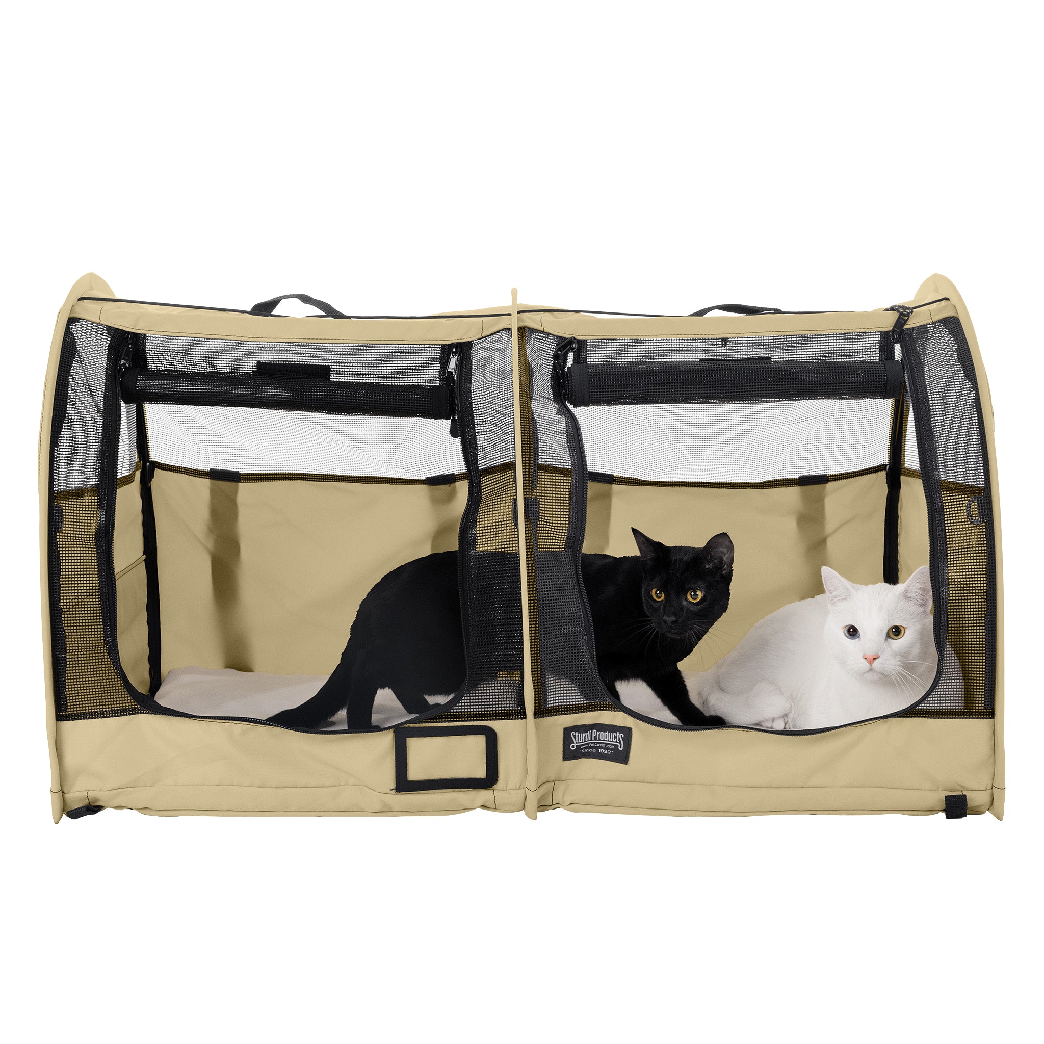 Tan CarGo double pop-up kennel with mesh doors, housing a black cat and a white cat.
