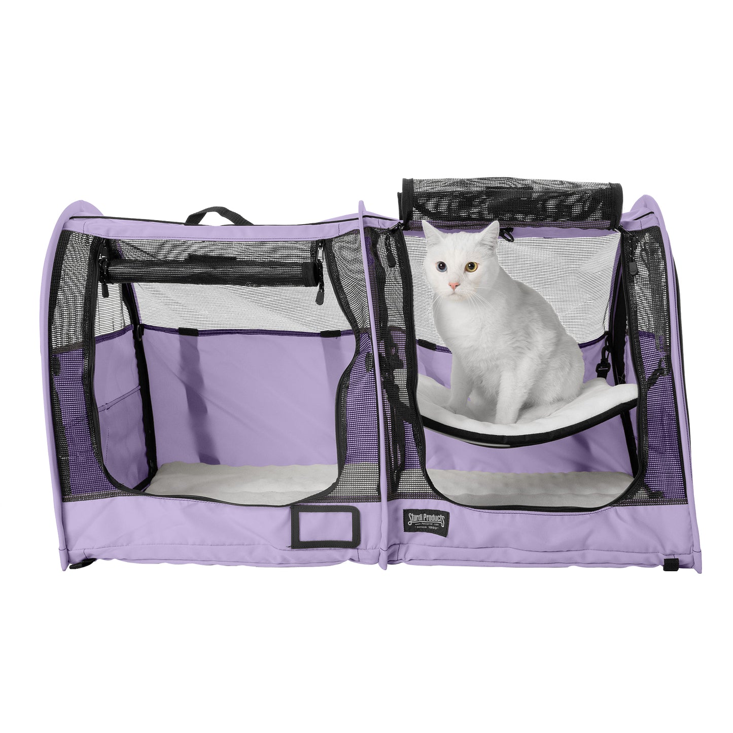 Purple CarGo double pop-up pet kennel with mesh doors, a white cat inside, and a soft mat.