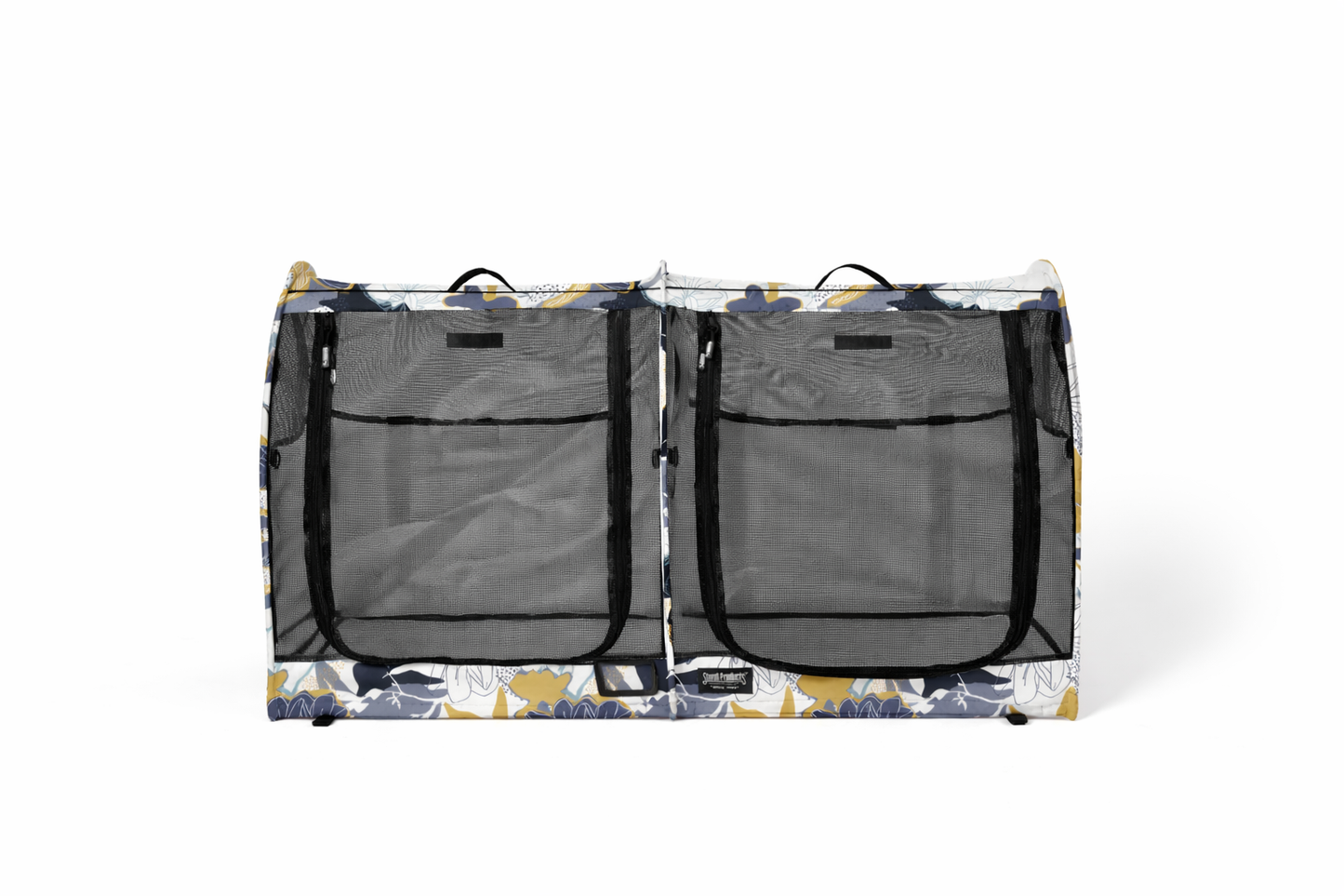 CarGo double pop-up kennel with blue, yellow, and white floral pattern, mesh doors, and black zippers.