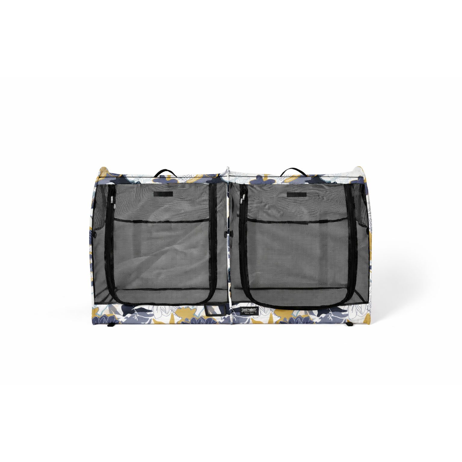 CarGo double pop-up kennel with blue, yellow, and white floral pattern, mesh doors, and black zippers.