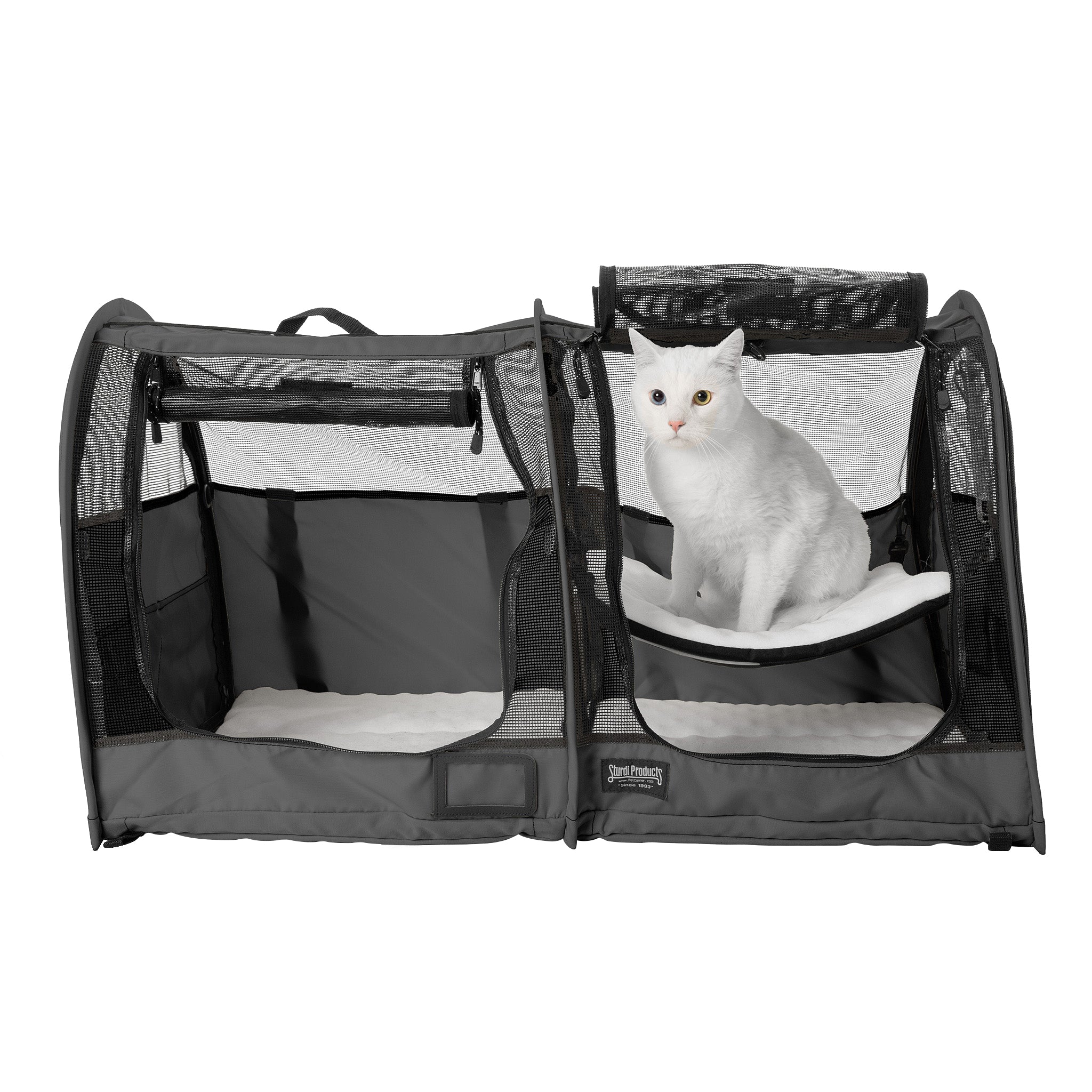 Dark gray double pop-up pet kennel with mesh doors and a white cat on a soft hammock.