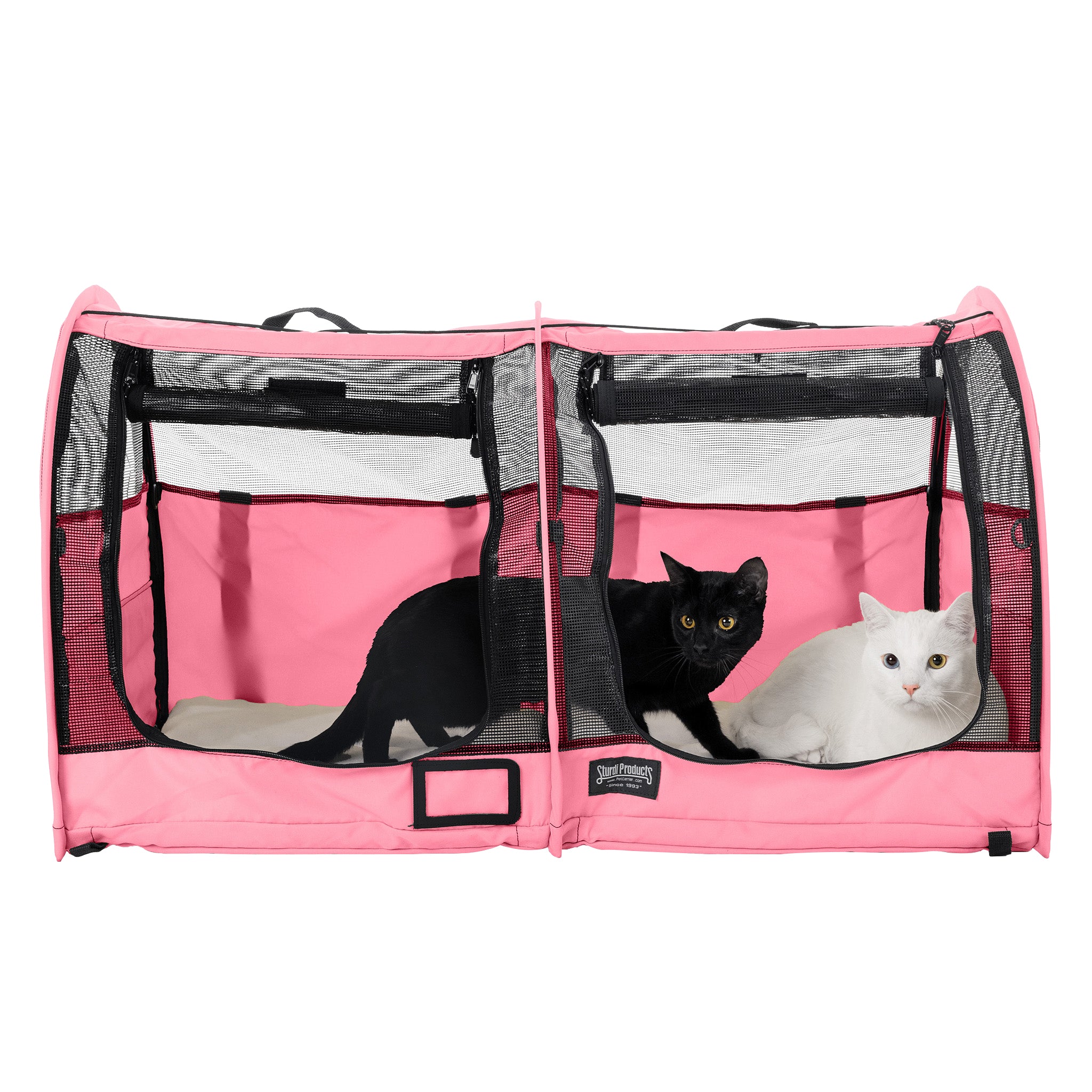 Pink CarGo double pop-up kennel with mesh doors, housing a black and a white cat.
