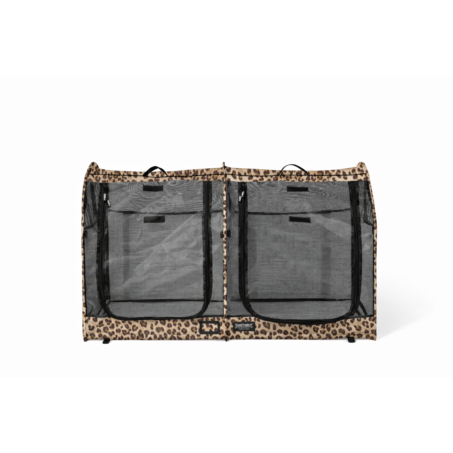 Leopard print CarGo Double Pop-Up Kennel with black mesh doors, handles, and storage pockets.