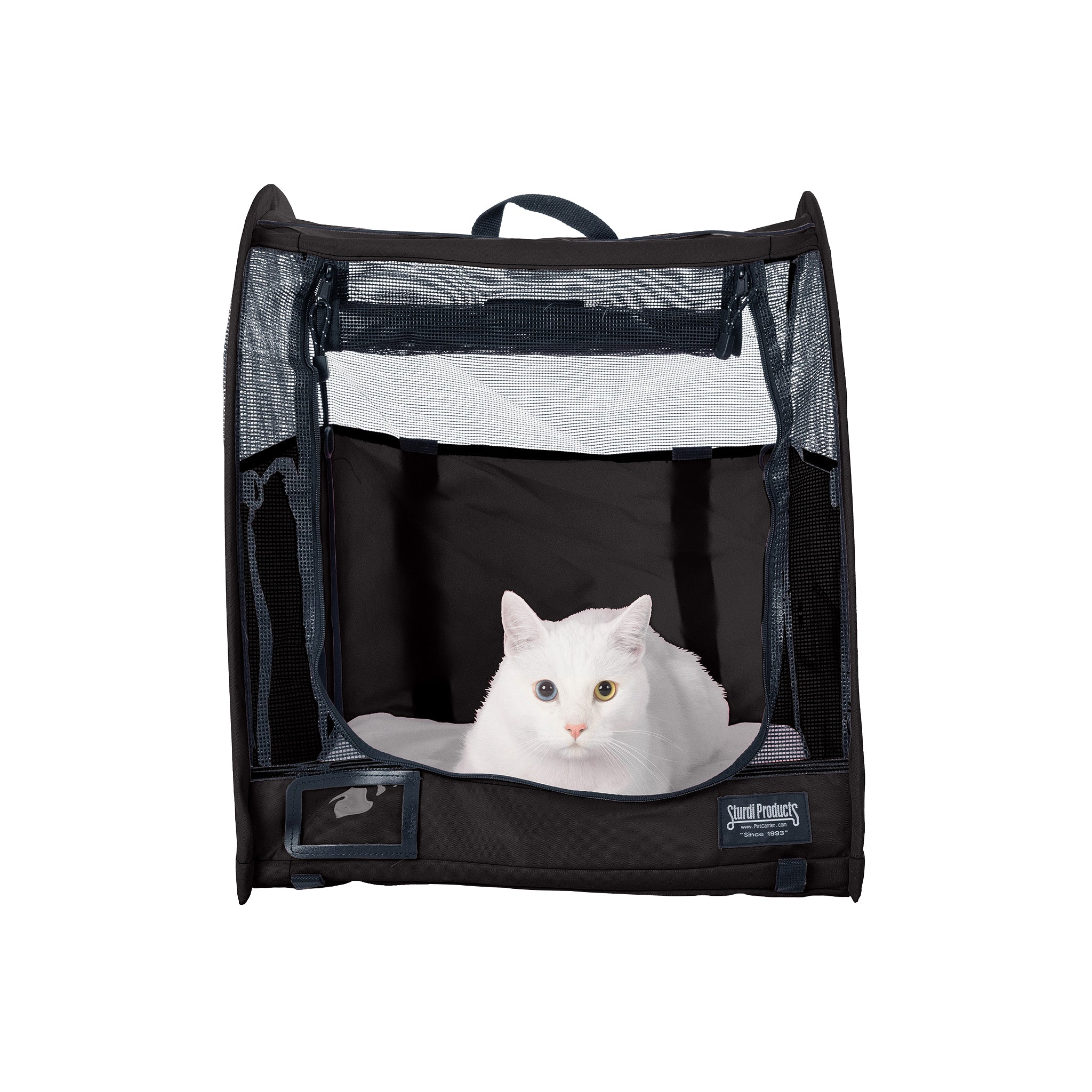 Black CarGo Pop-Up Kennel with mesh doors, featuring a white cat inside.