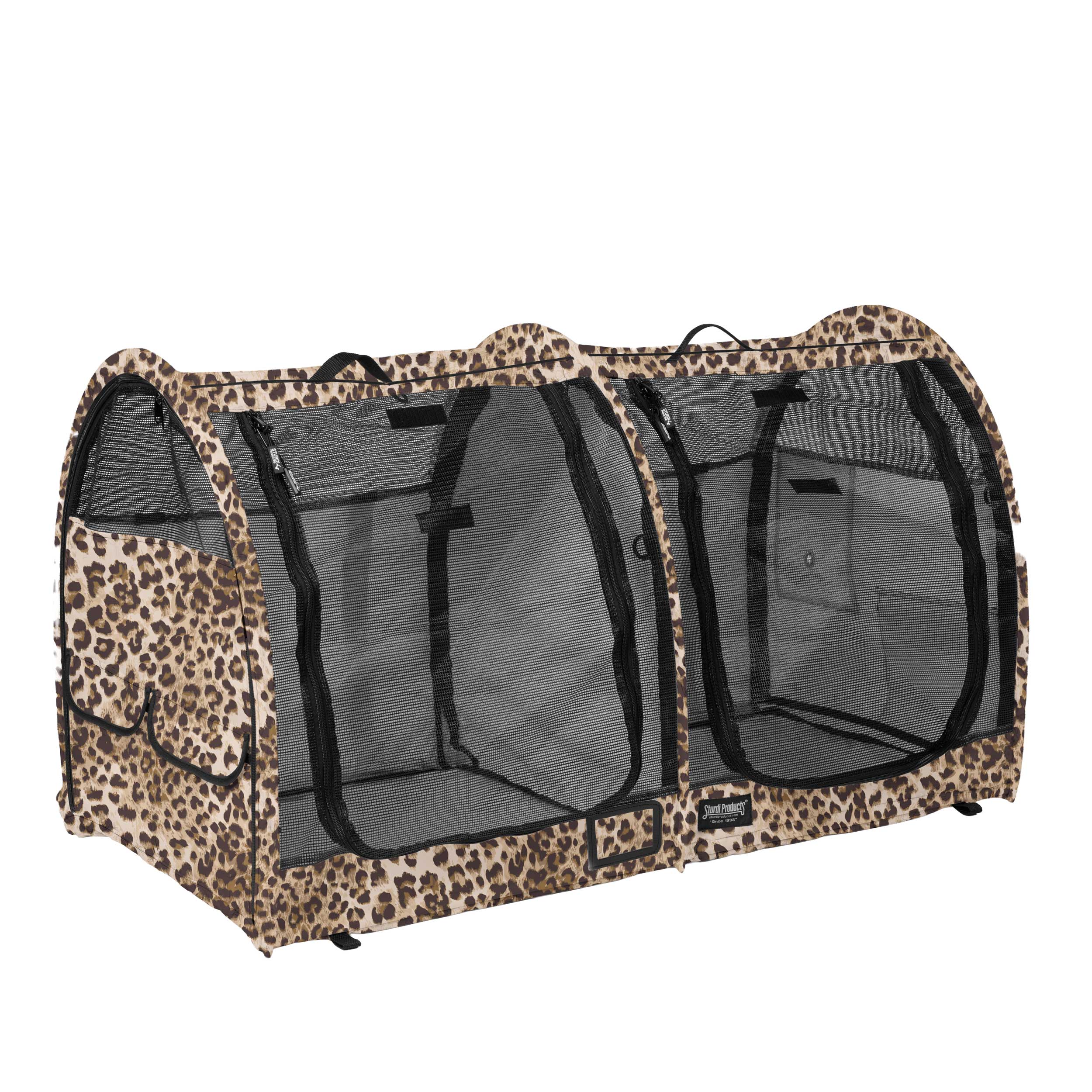 Leopard print CarGo double pop-up kennel with mesh doors and zippered openings.