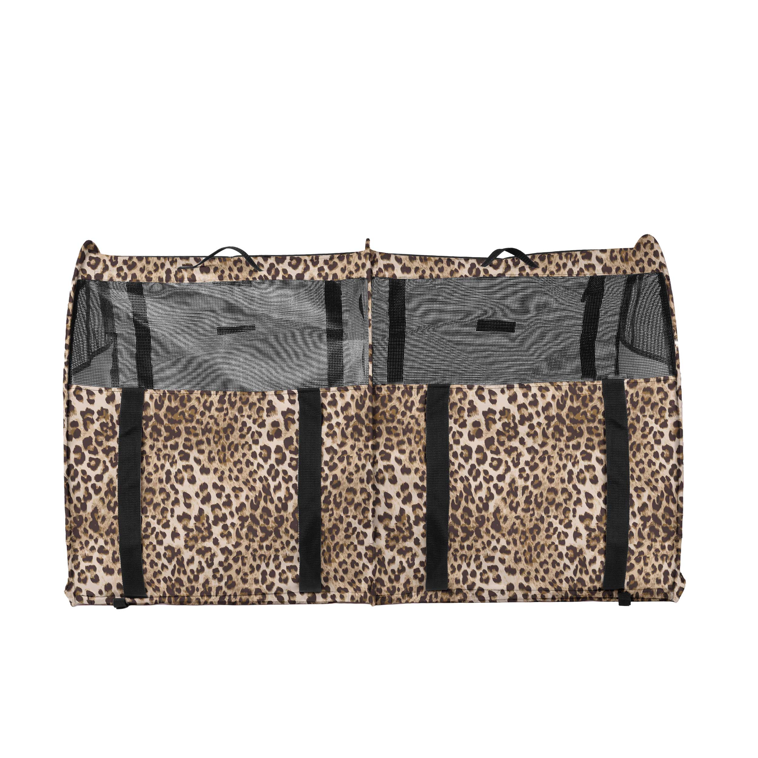 Leopard print CarGo Double Pop-Up Kennel with mesh doors and black straps, for pet travel.