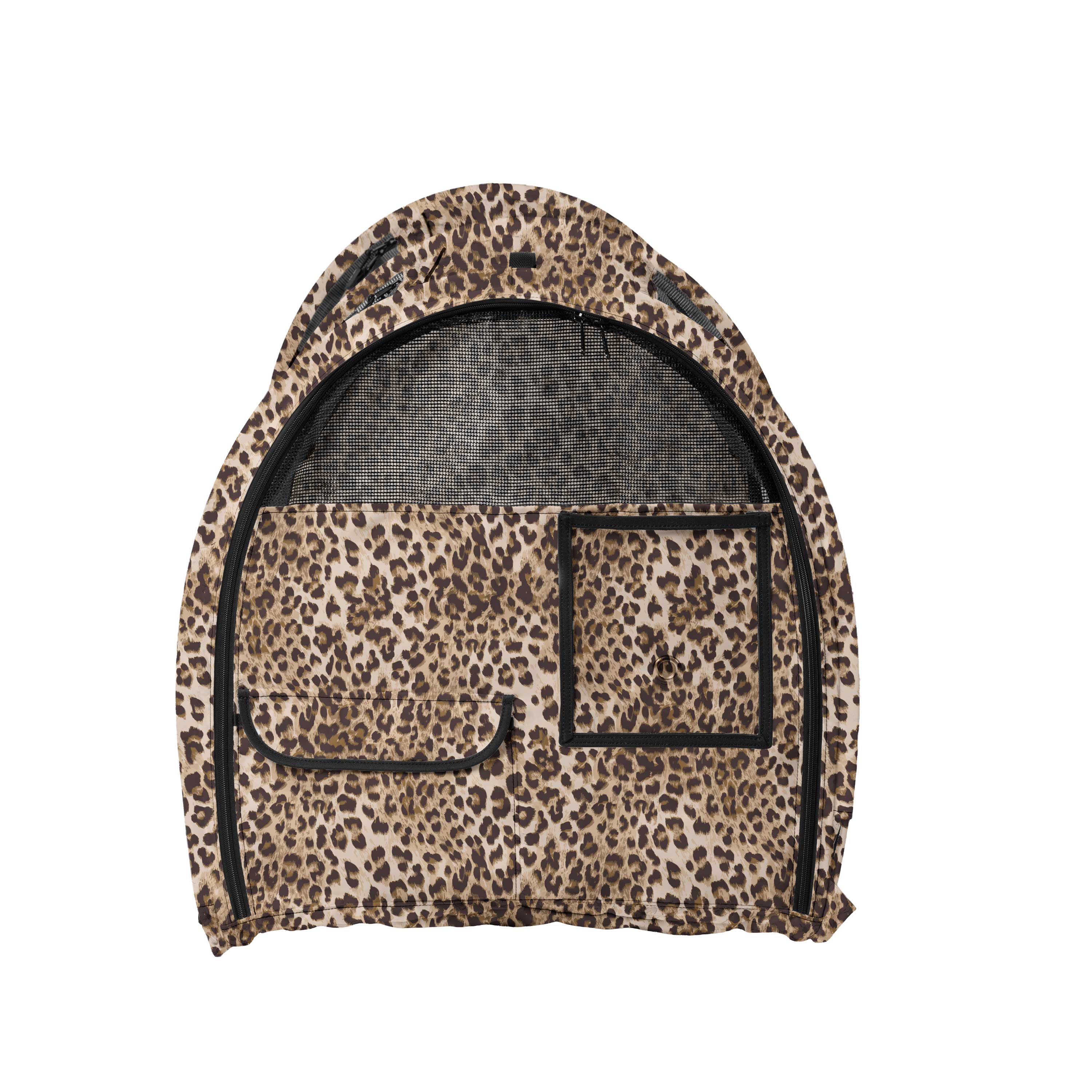 CarGo Portable Pop-Up Kennel in leopard print 600D polyester with mesh door and storage pockets.