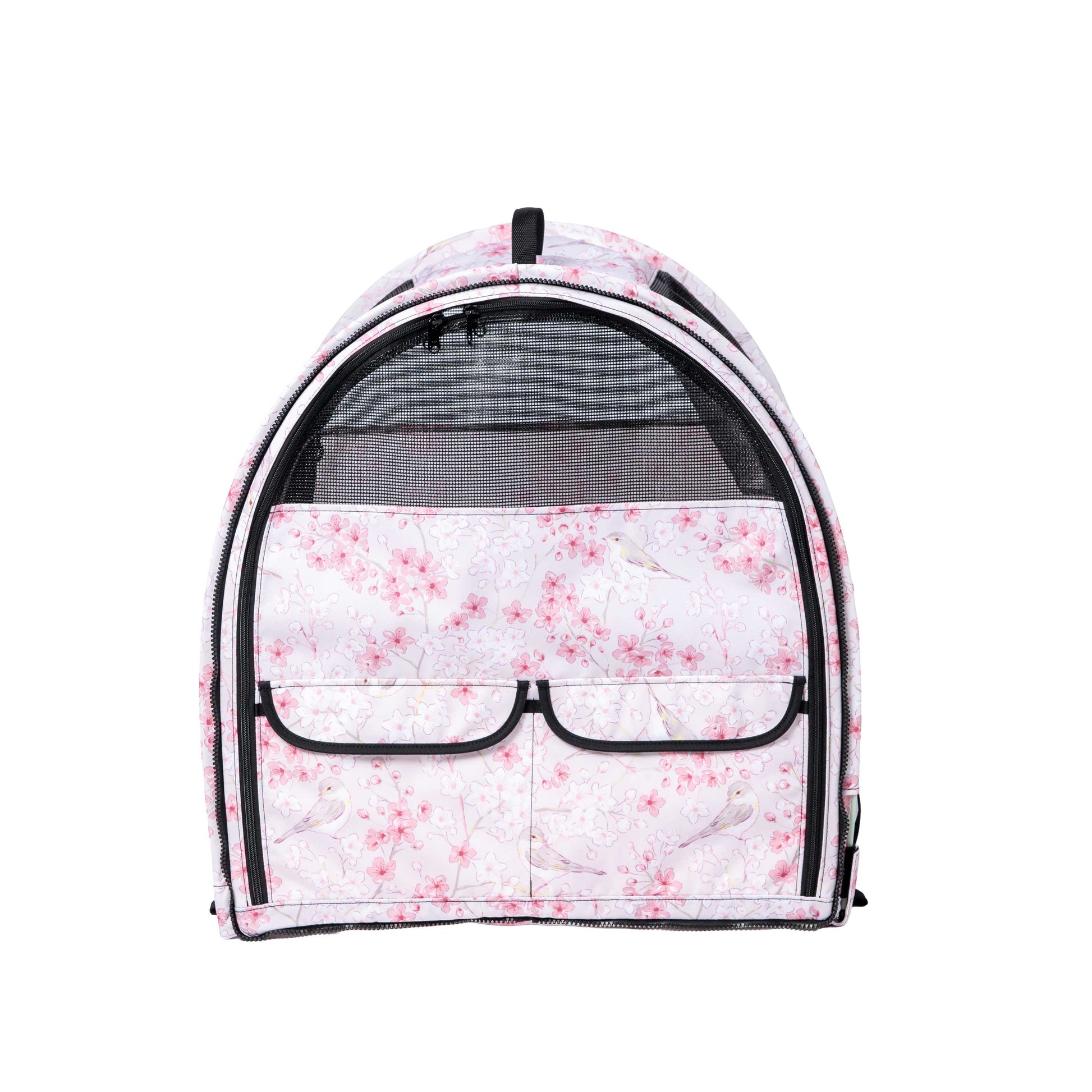 Pink floral pop-up pet kennel with mesh window, dual zippered doors, and storage pockets.
