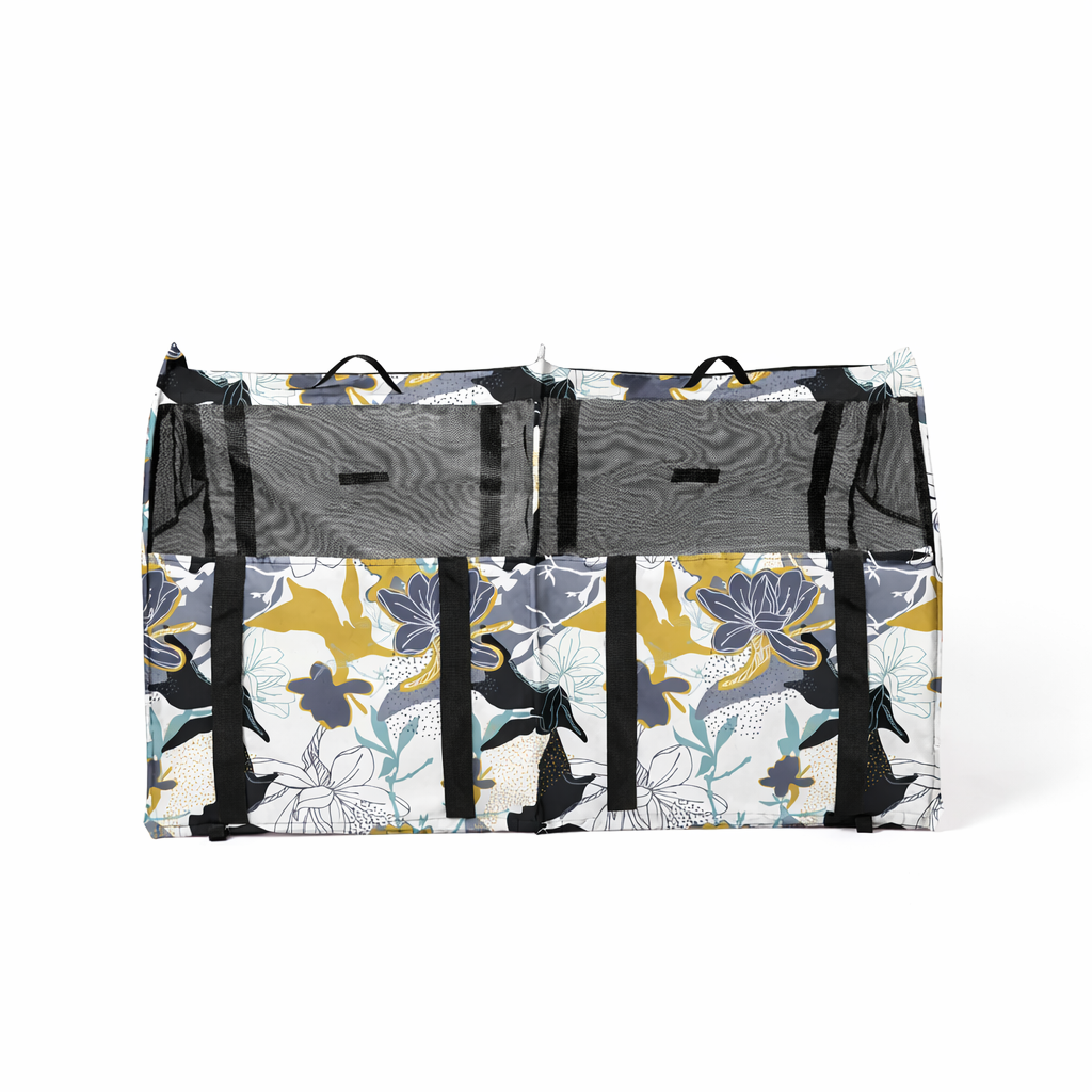 CarGo Double Pop-Up Kennel in floral 600D polyester with mesh doors and black straps.