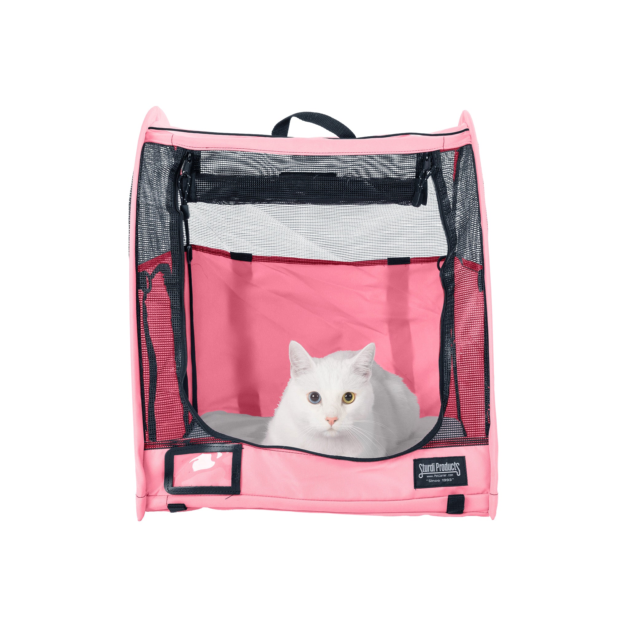 Pink CarGo Portable Pop-Up Kennel with mesh doors, black trim, and a white cat inside.