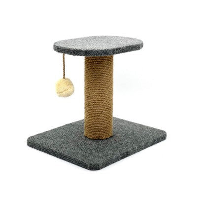 Compact 12.5" gray cat scratch perch with natural jute post and dangling toy ball.