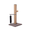 24" jute cat scratch post with gray platforms, a hanging ball toy, and a black grooming brush.