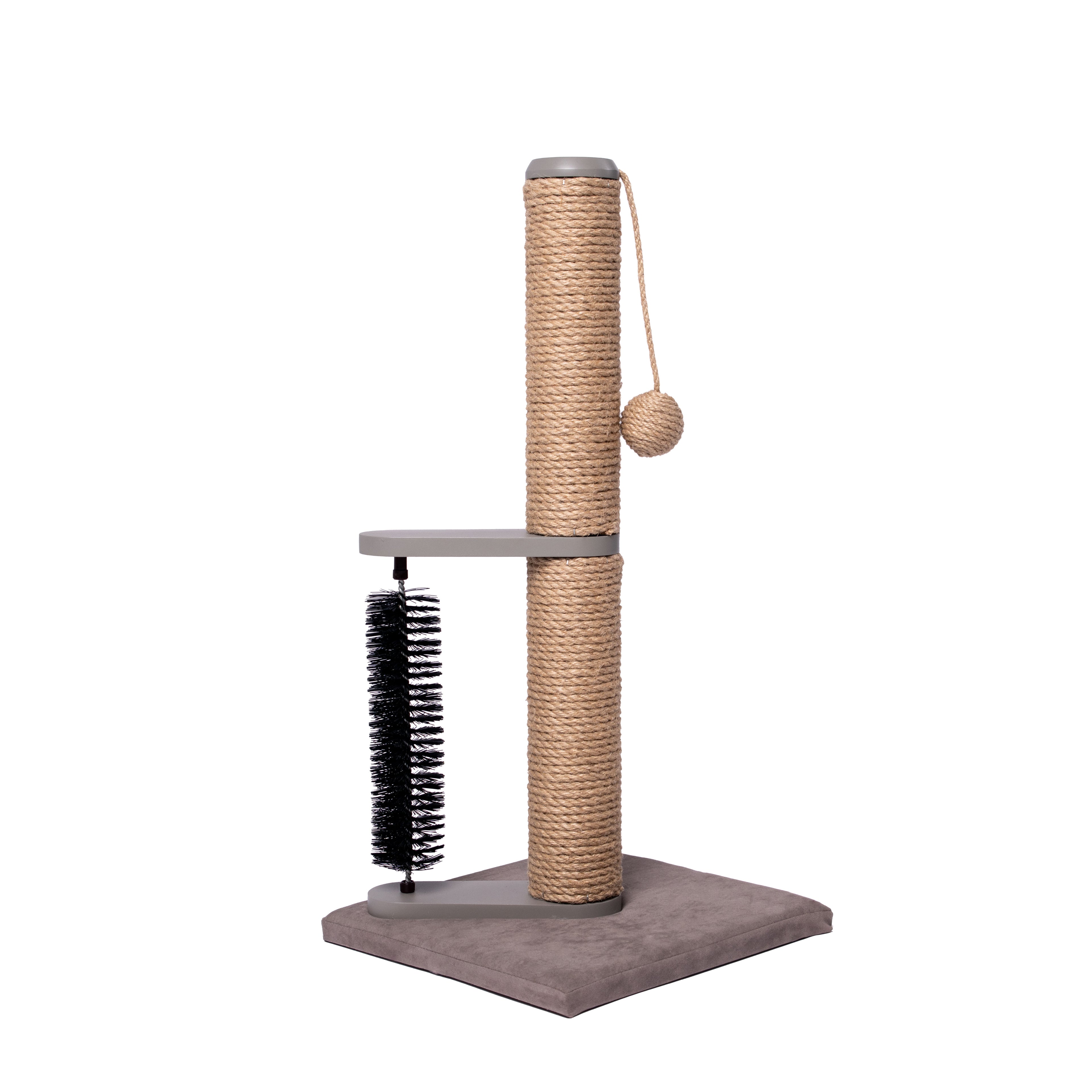24" jute cat scratch post with gray platforms, a hanging ball toy, and a black grooming brush.
