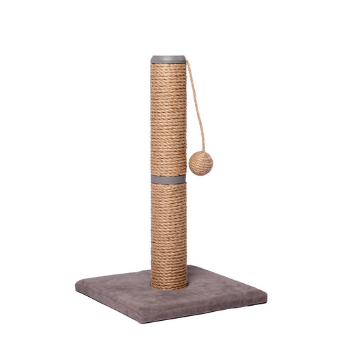 19.5" jute cat scratching post with a dangling ball and a gray plush base.