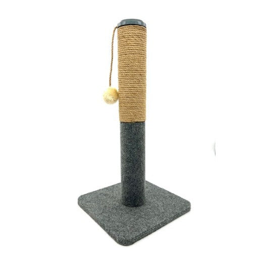 23" tall cat scratching post with a grey carpet base and sisal rope column, featuring a dangling beige ball toy.