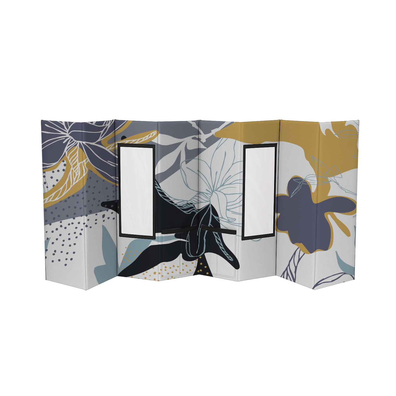 Midnight Bloom Champion Pop-Up Kennel & Accessory Bundle with floral patterns in blue, gold, and gray.
