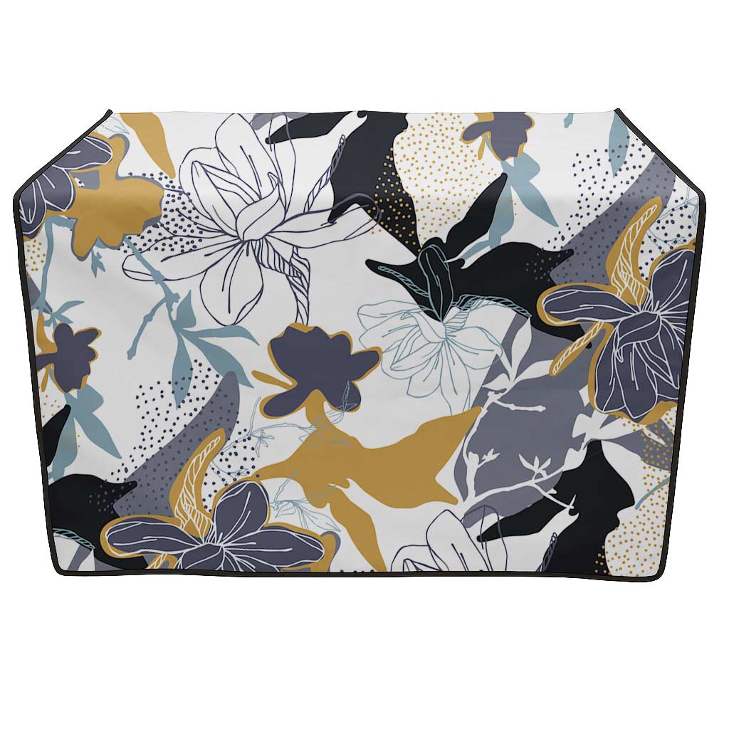 Midnight Bloom EZ Drape with a white background, gold, navy, and light blue floral pattern, and black trim.