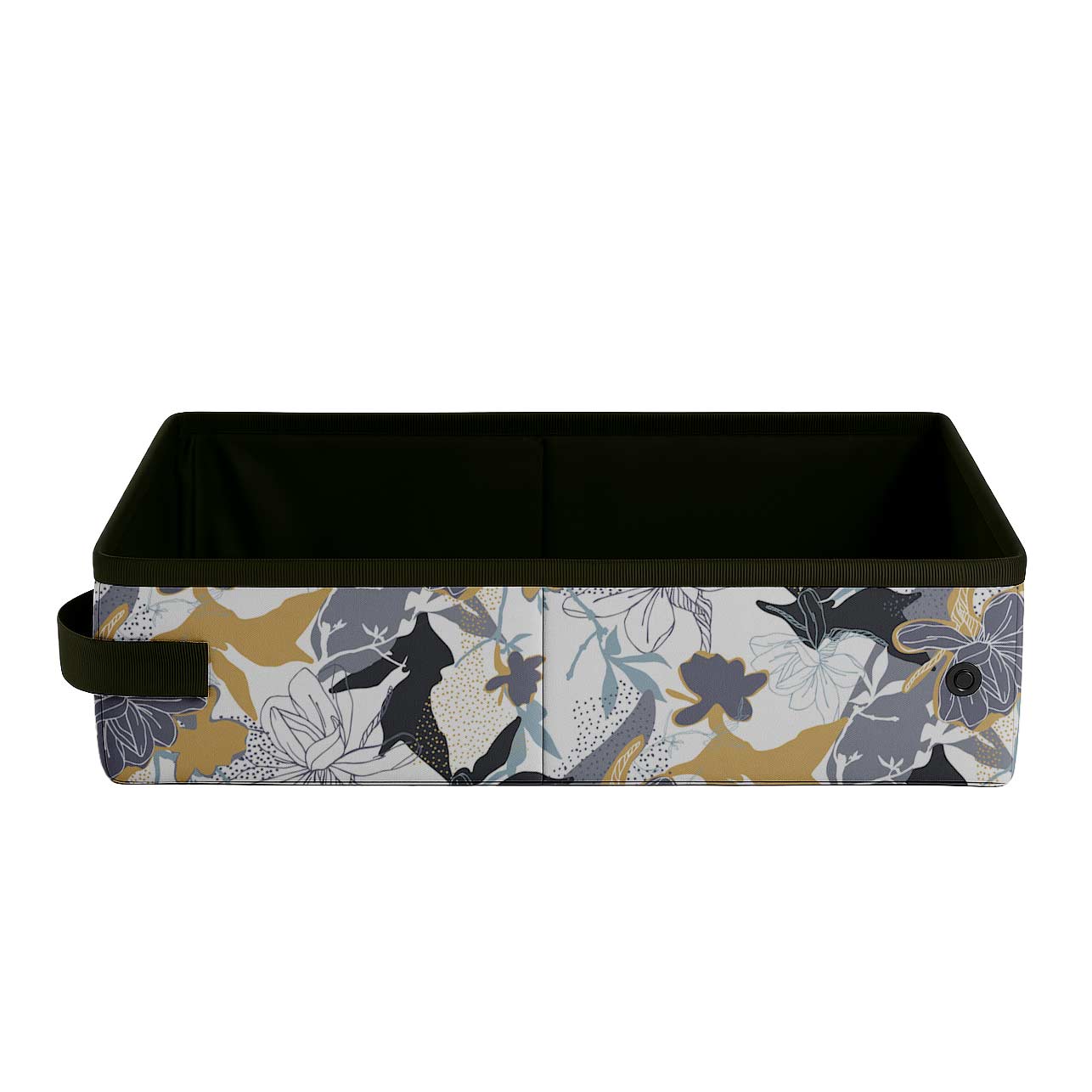 Midnight Bloom 2 Gallon SturdiBox with a gray, yellow, and black floral pattern on white fabric.