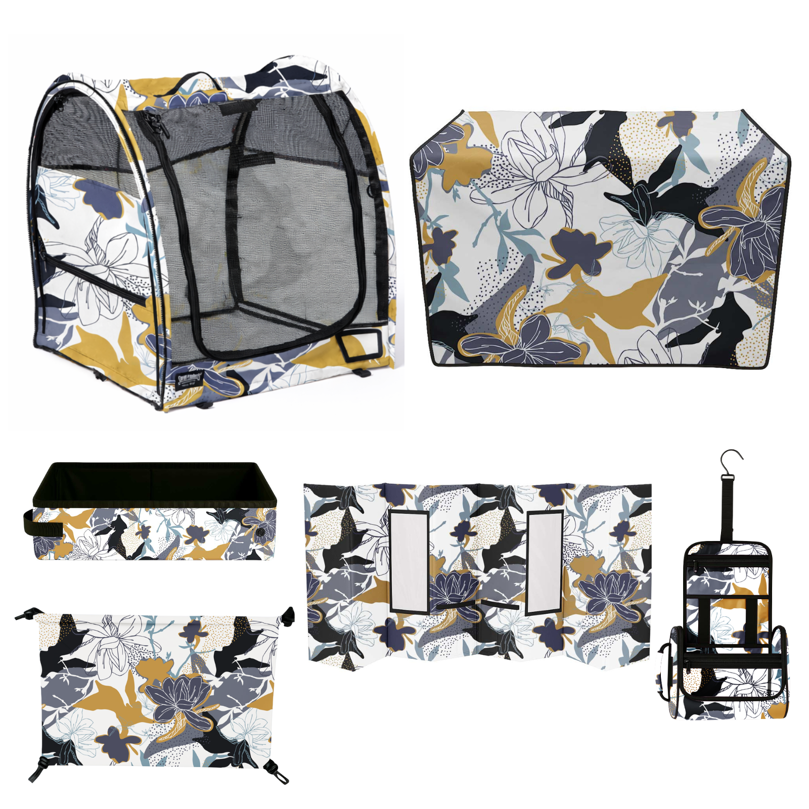 Champion Midnight Bloom pet bundle: pop-up kennel, grooming station, skirt, toiletry bag, SturdiBox, hammock, pad, and drape, all with a floral pattern.