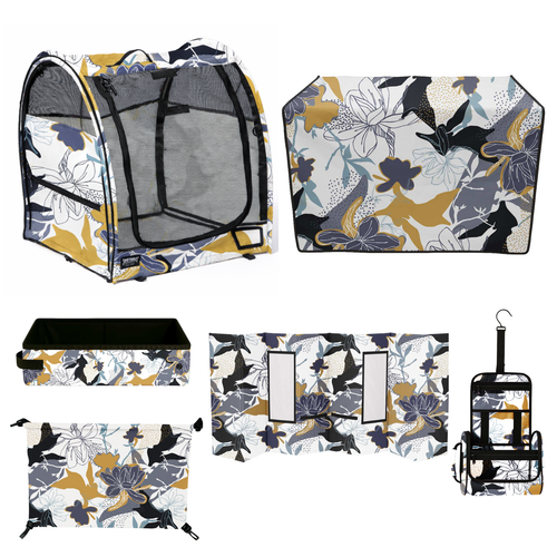 Champion Midnight Bloom pet bundle: pop-up kennel, grooming station, skirt, toiletry bag, SturdiBox, hammock, pad, and drape, all with a floral pattern.