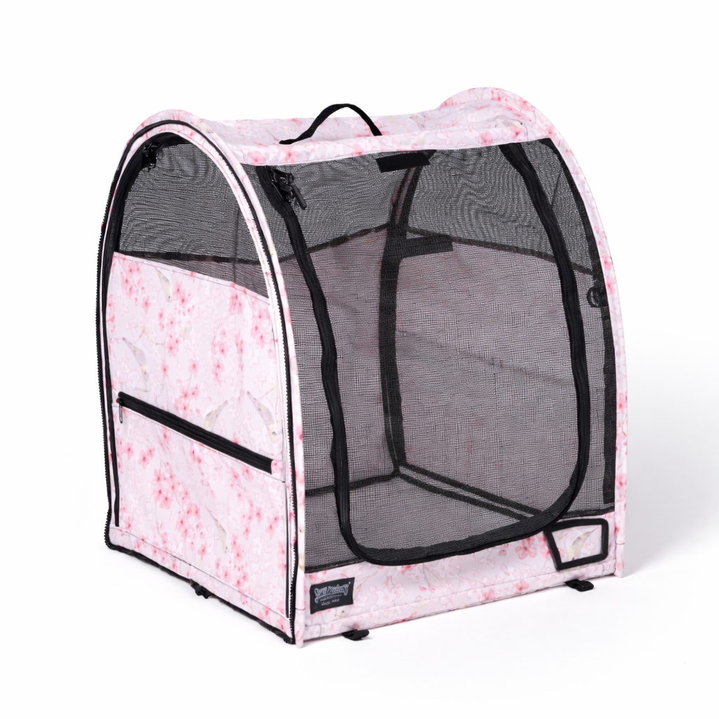Pink Champion Pop-Up Kennel with Sakura Nest cherry blossom print, black mesh windows, and zippers.