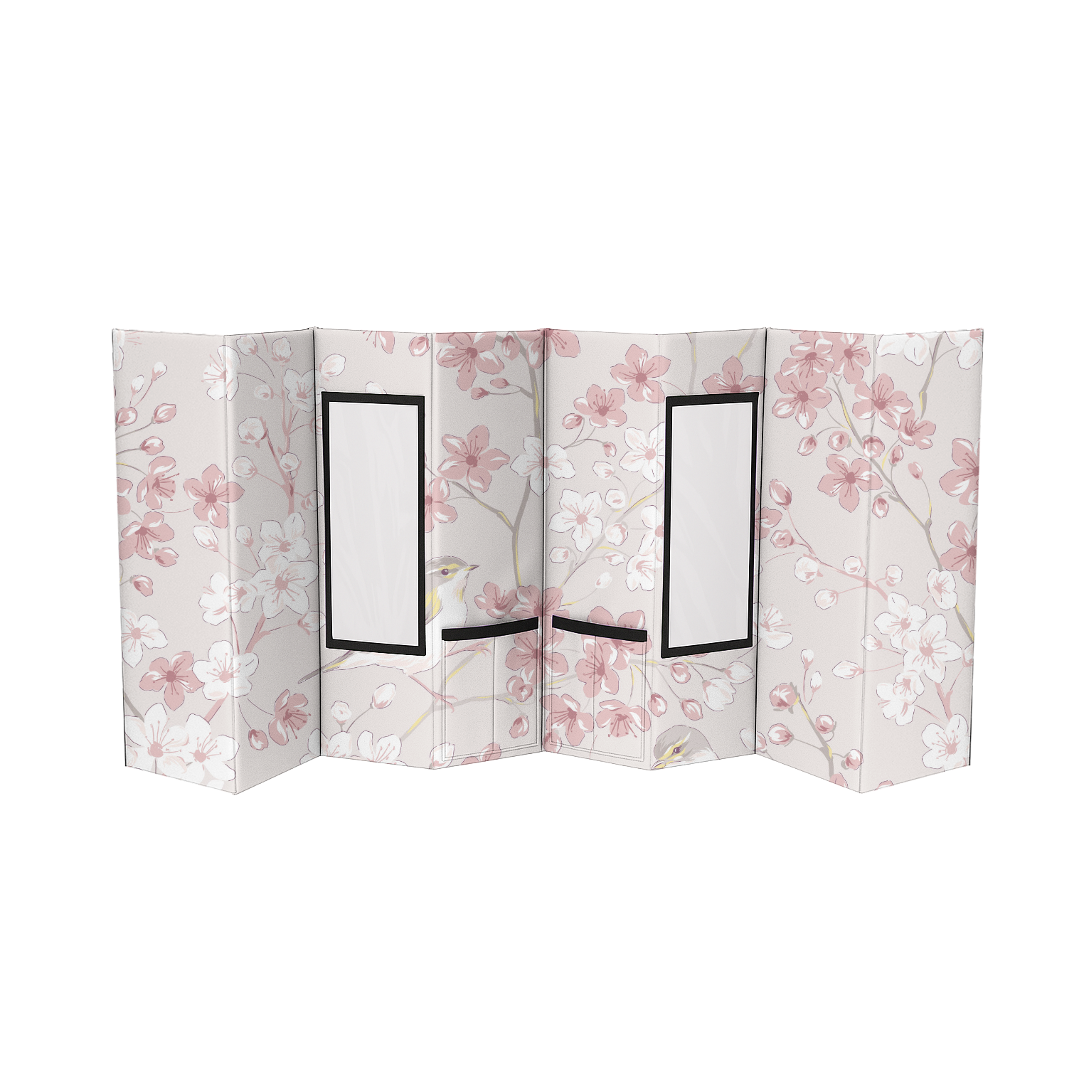 Sakura Nest Champion Pop-Up Kennel with pink and white cherry blossom print, black framed windows.