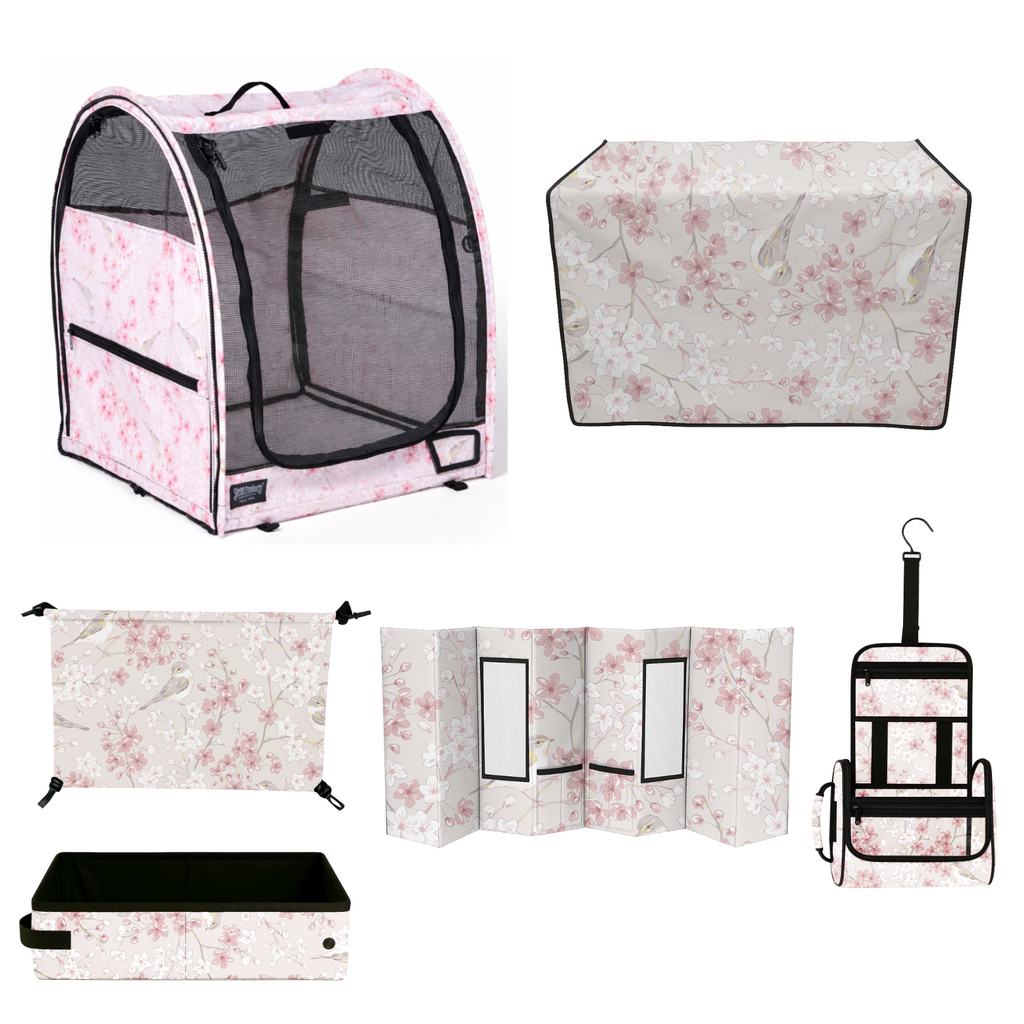 Pink Sakura Nest Champion Pop-Up Kennel bundle with matching grooming station, skirt, hammock, and accessories.