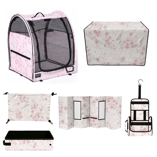 Pink Sakura Nest Champion Pop-Up Kennel bundle with matching grooming station, skirt, hammock, and accessories.