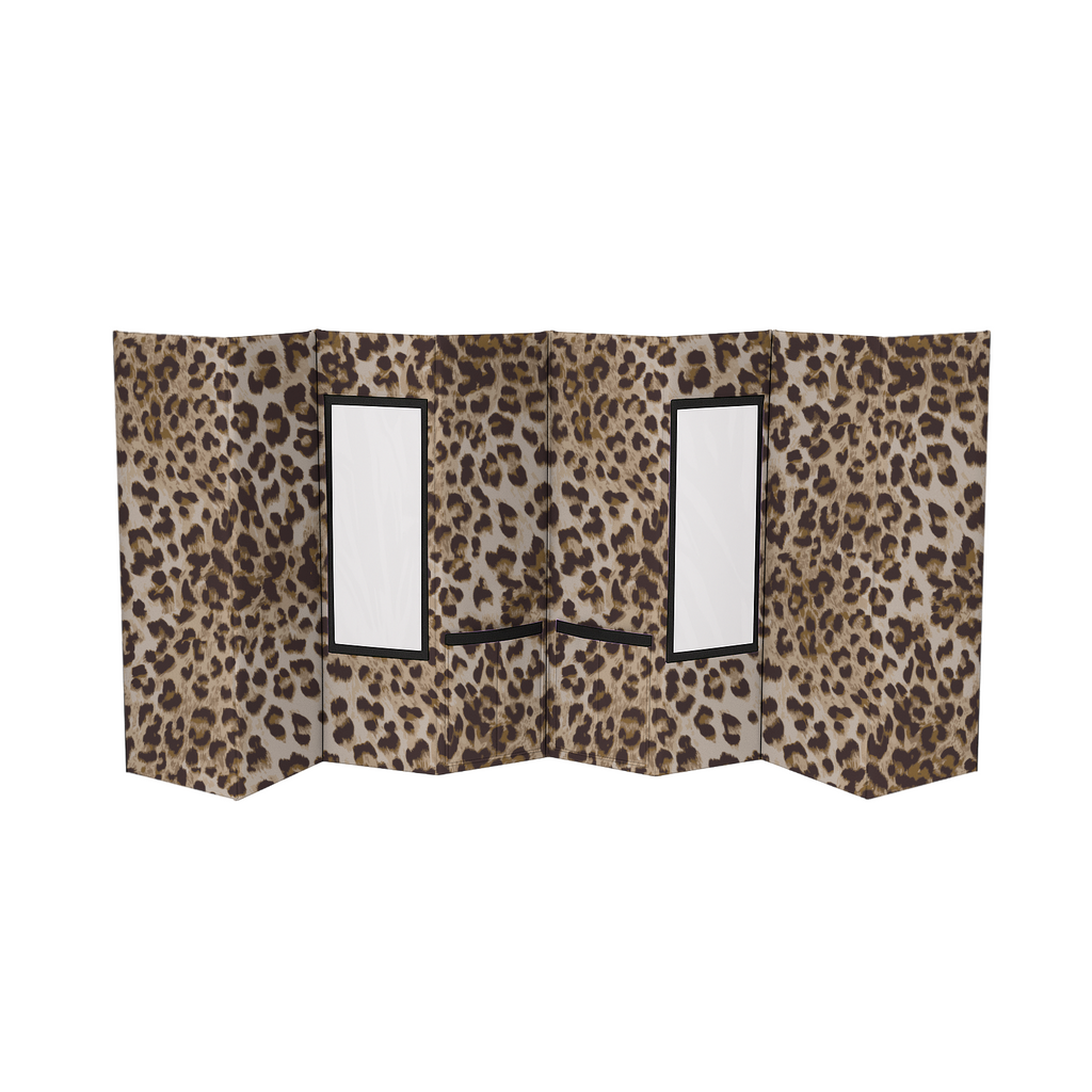 Wild Savannah Champion Pop-Up Kennel bundle with leopard print fabric and two clear windows.