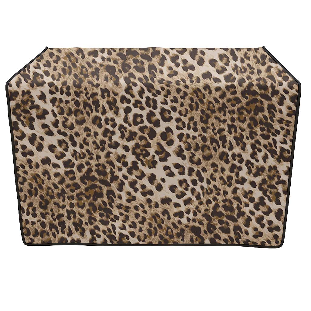 Wild Savannah leopard print kennel cover with dark trim, featuring brown and black spots on a tan background.