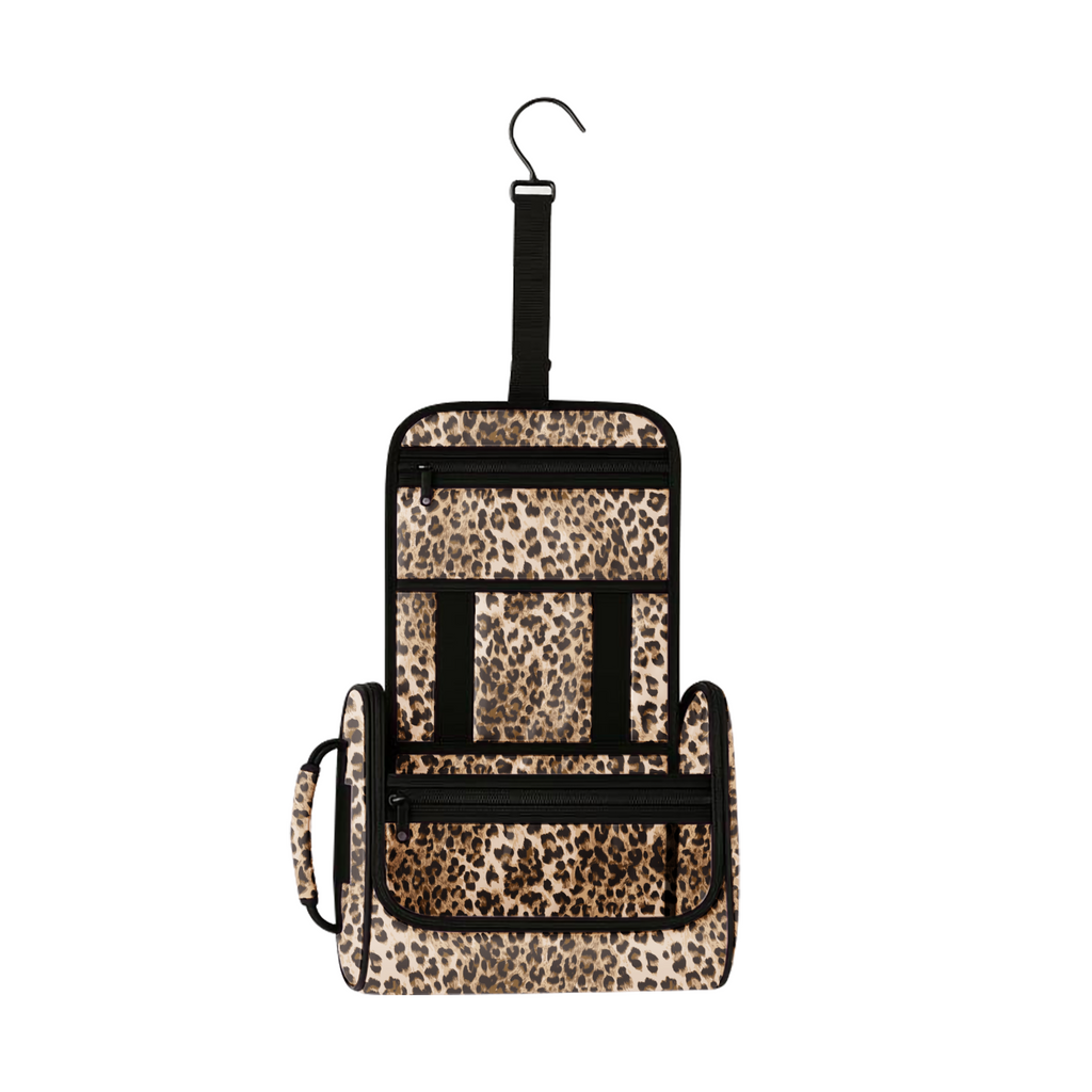 Wild Savannah leopard print hanging toiletry bag with black trim and zippers.