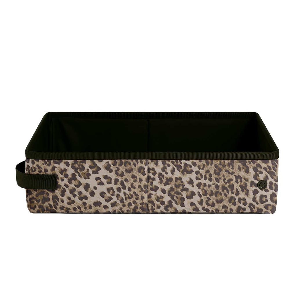 Wild Savannah 2 Gallon SturdiBox: a rectangular, collapsible storage bin with a leopard print exterior and dark interior.