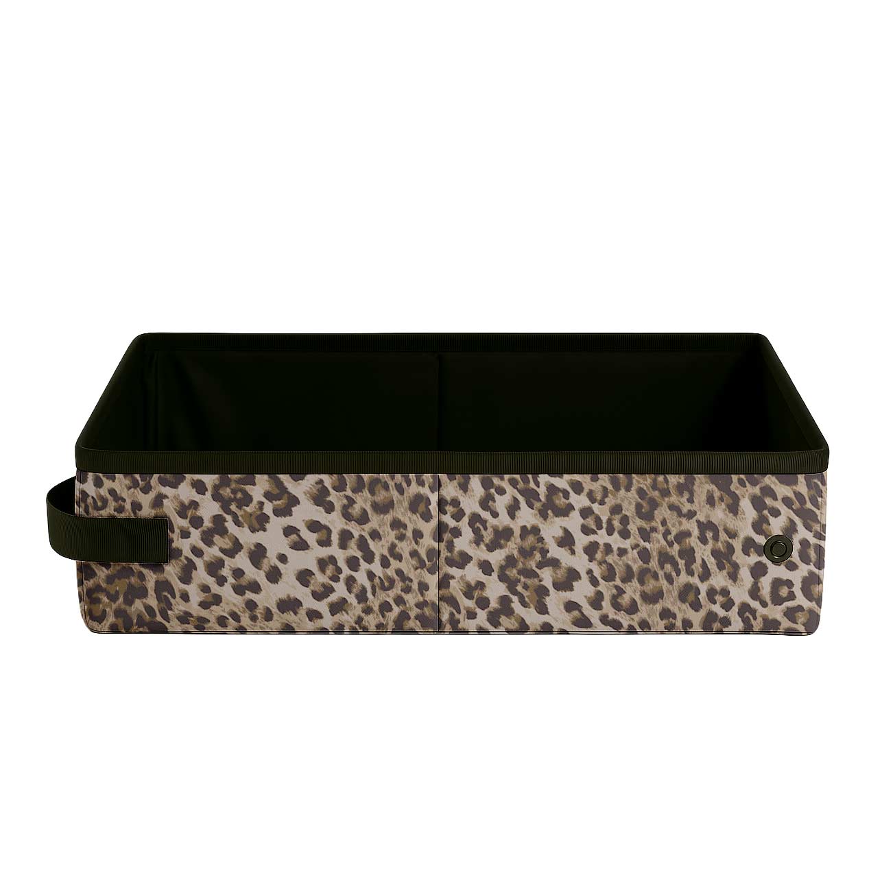 Wild Savannah 2 Gallon SturdiBox: a rectangular, collapsible storage bin with a leopard print exterior and dark interior.