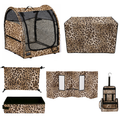 Wild Savannah Champion Pop-Up Kennel bundle with leopard print fabric, mesh windows, and matching accessories.