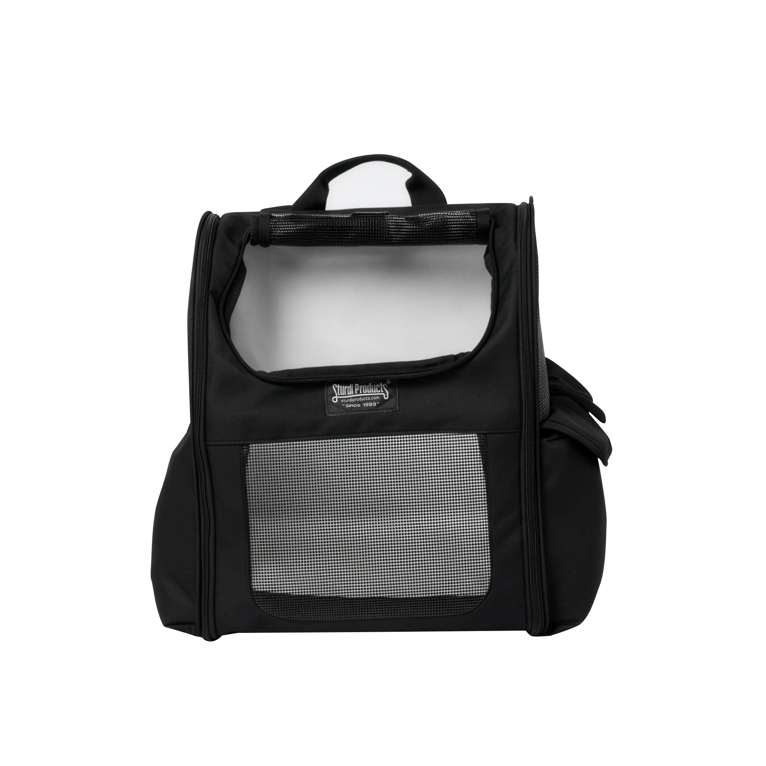 Black Sturdi Everyday Pet Backpack with mesh panels and top opening, on a white background.
