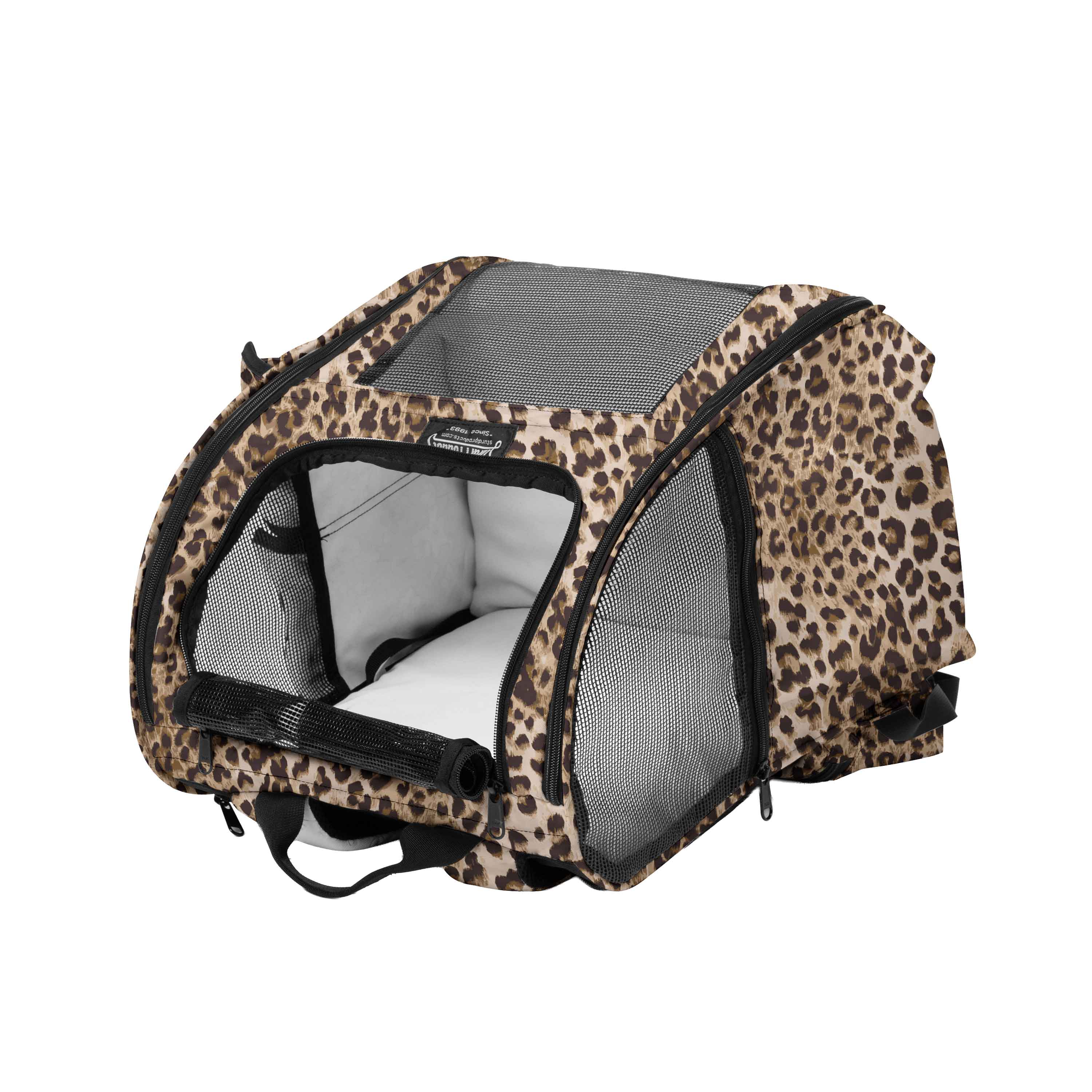 Leopard print pet backpack with mesh panels, black trim, and a soft white interior pad.