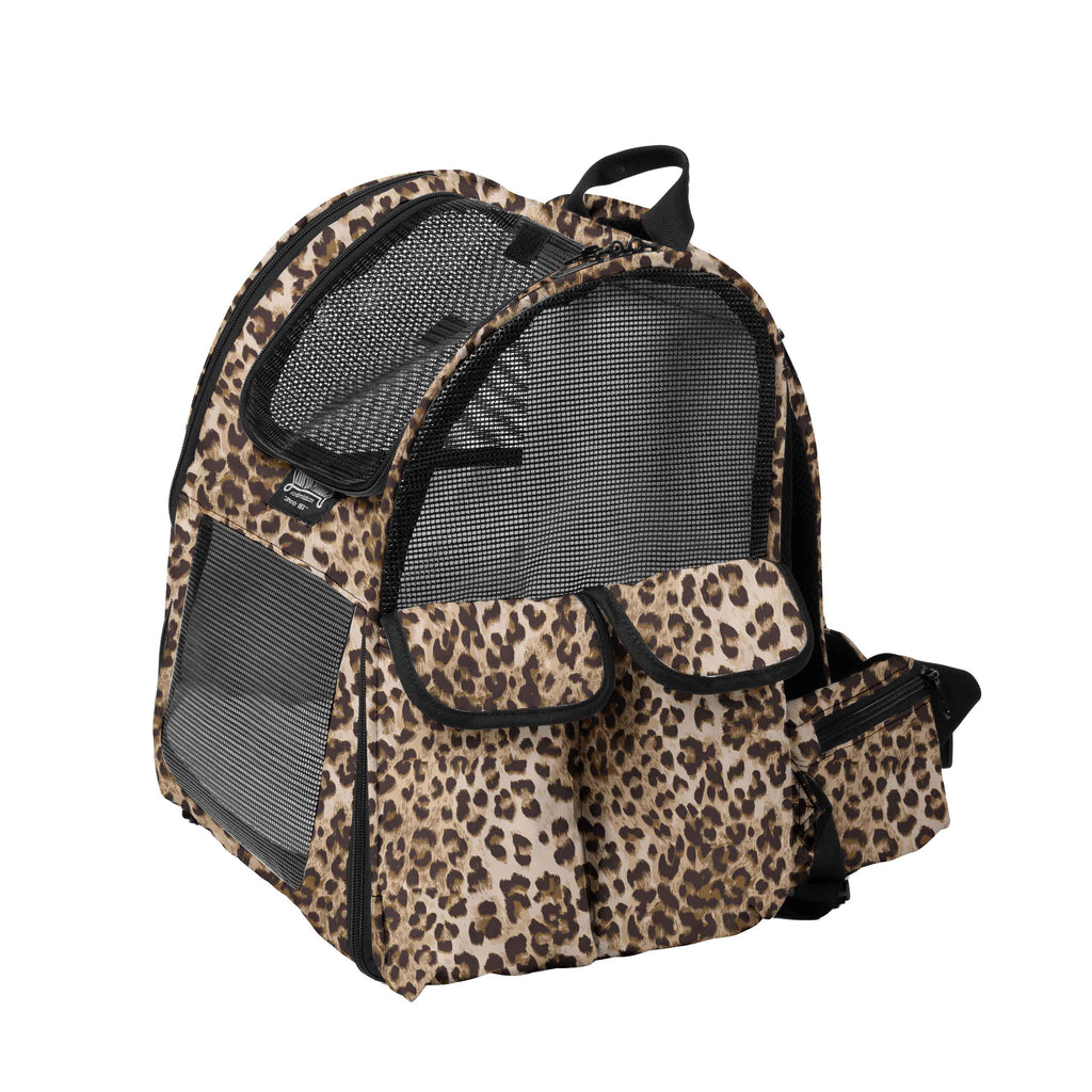 Leopard print pet backpack with black mesh panels, padded straps, and side pockets for travel.
