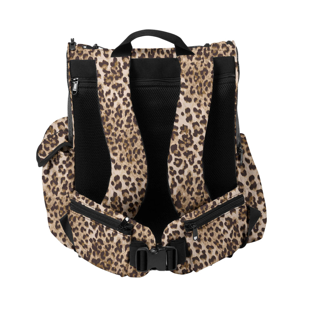Leopard print pet backpack with padded shoulder straps, mesh back, and multiple zippered pockets.