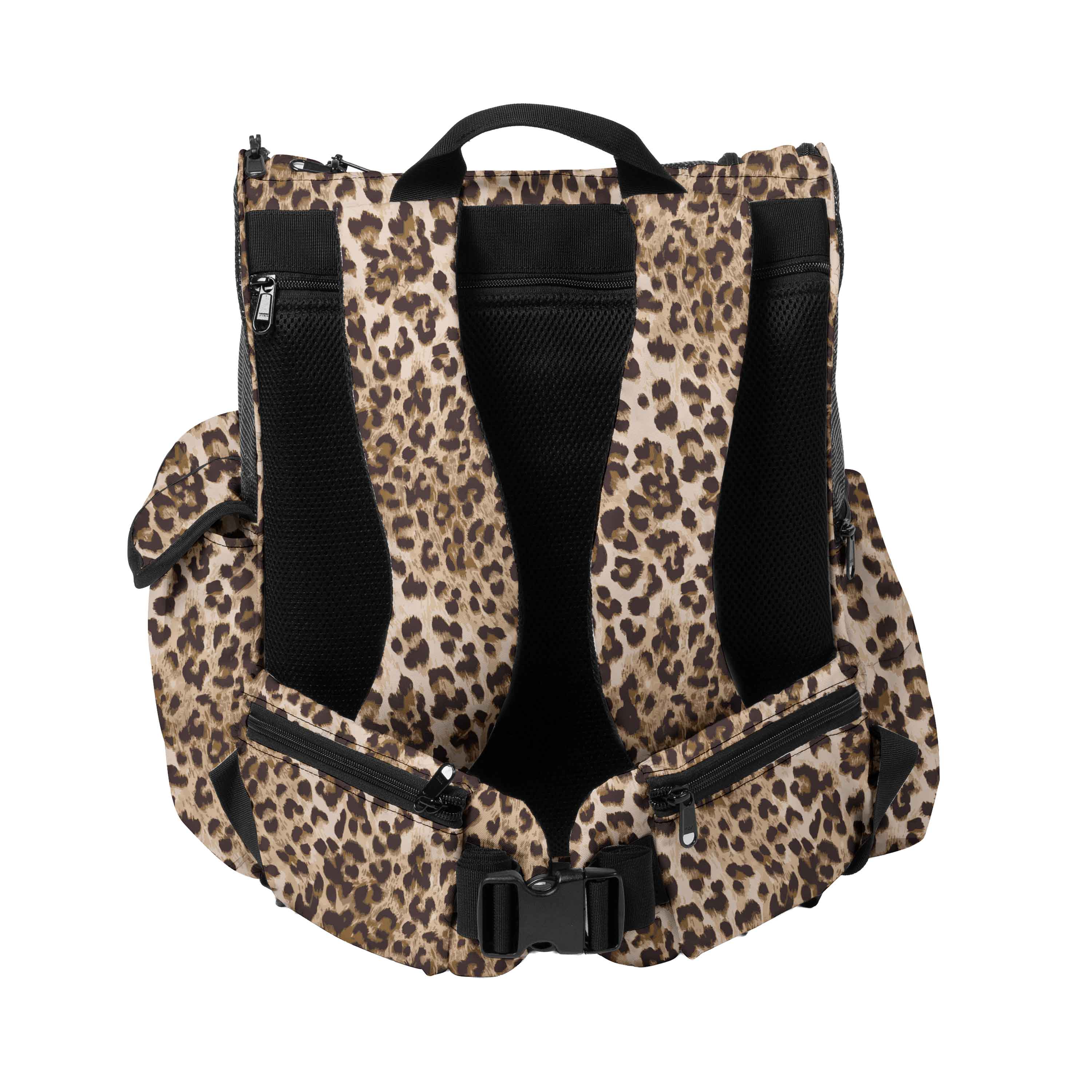 Leopard print pet backpack with padded shoulder straps, mesh back, and multiple zippered pockets.