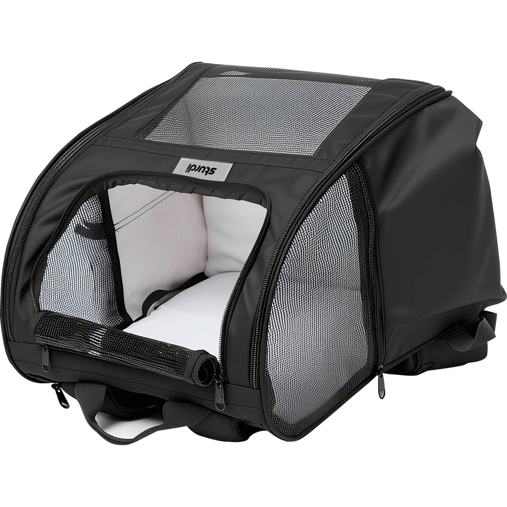 Black Sturdi Everyday Pet Backpack with mesh panels, open front, and white padded interior.