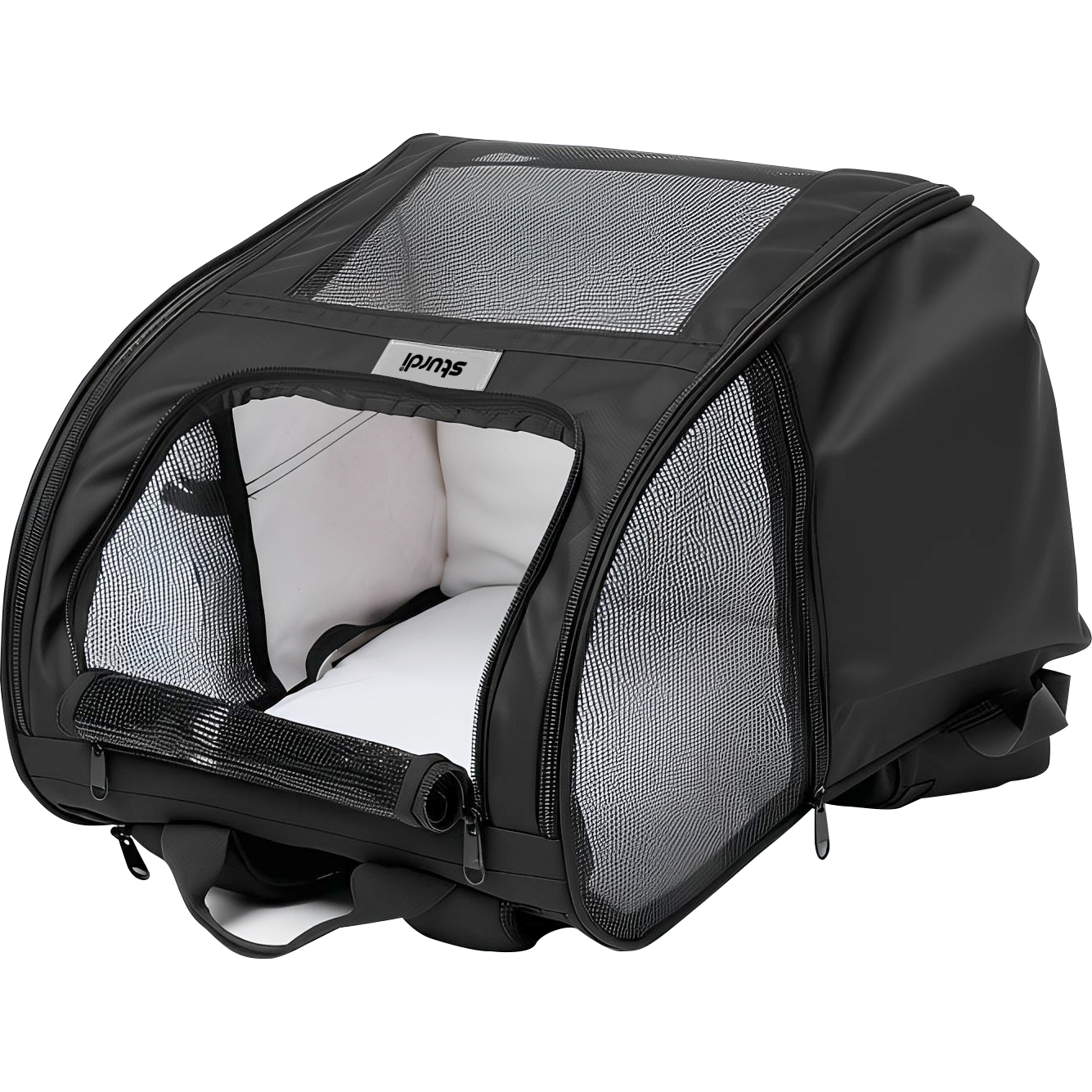 Black Sturdi Everyday Pet Backpack with mesh panels, open front, and white padded interior.