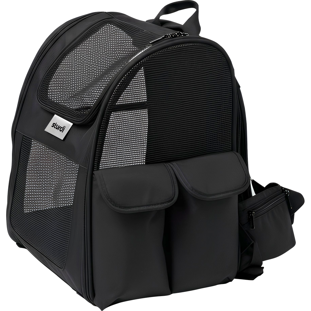 Black Sturdi Everyday Pet Backpack with mesh panels, front pockets, and a side pouch.