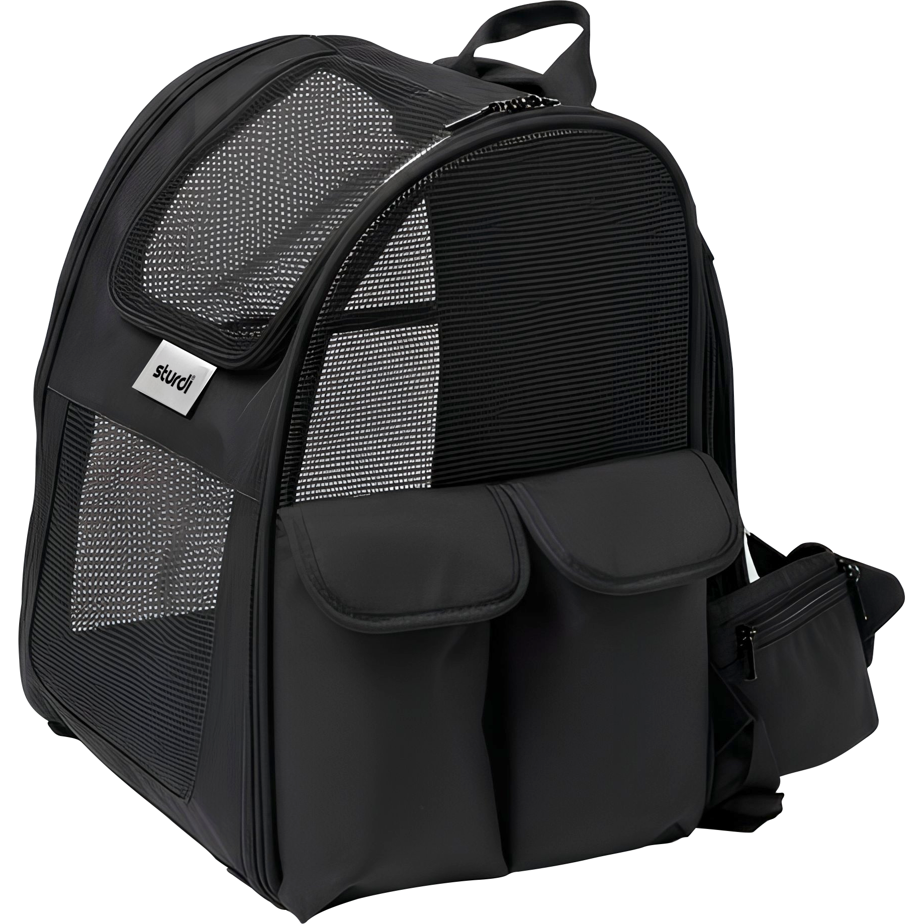 Black Sturdi Everyday Pet Backpack with mesh panels, front pockets, and a side pouch.