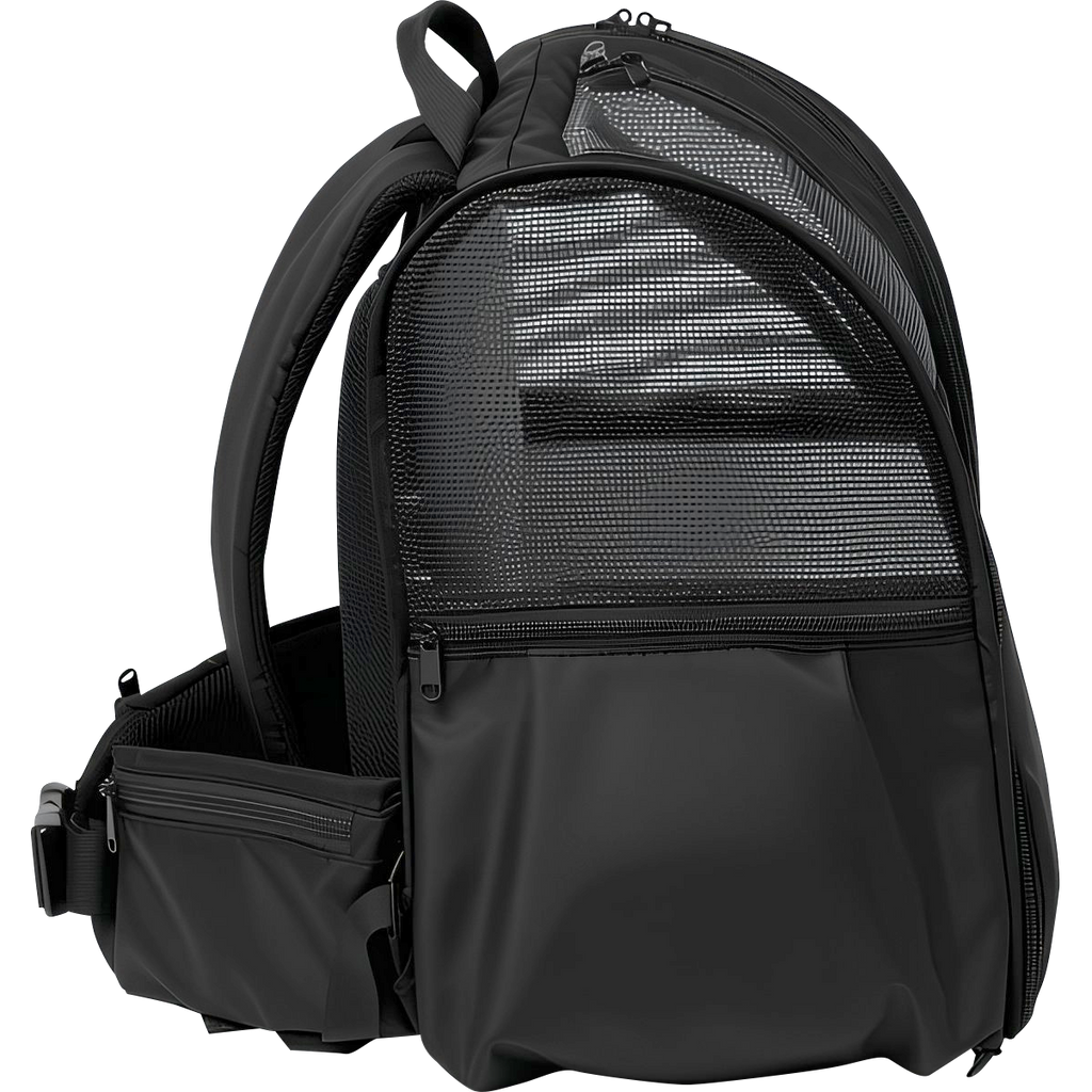 Black pet backpack with mesh sides, padded straps, and a front storage pocket.