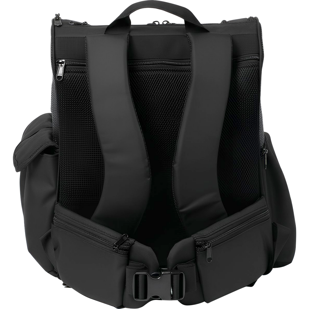 Black Sturdi Everyday Pet Backpack with padded shoulder straps, mesh panels, and storage pockets.