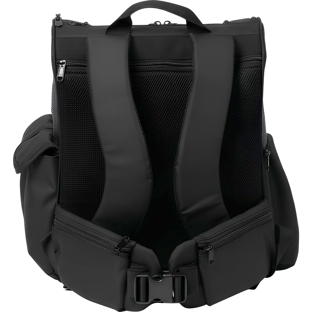 Black Sturdi Everyday Pet Backpack with padded shoulder straps, mesh panels, and storage pockets.