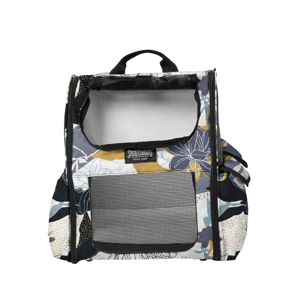 Sturdi Everyday Pet Backpack in a limited edition floral print with mesh windows and top opening.