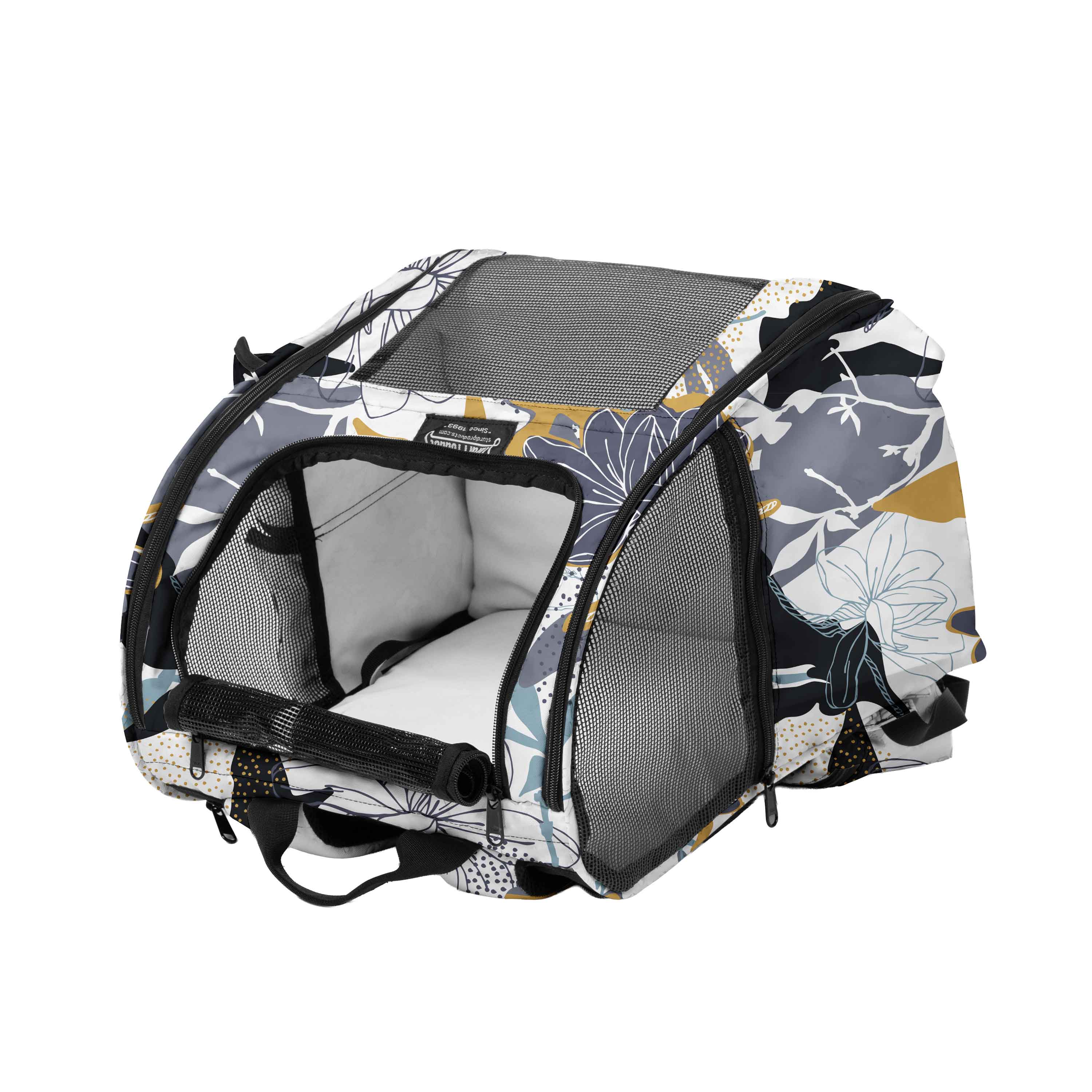 Sturdi Everyday Pet Backpack in a limited edition floral print with mesh panels and a soft interior.