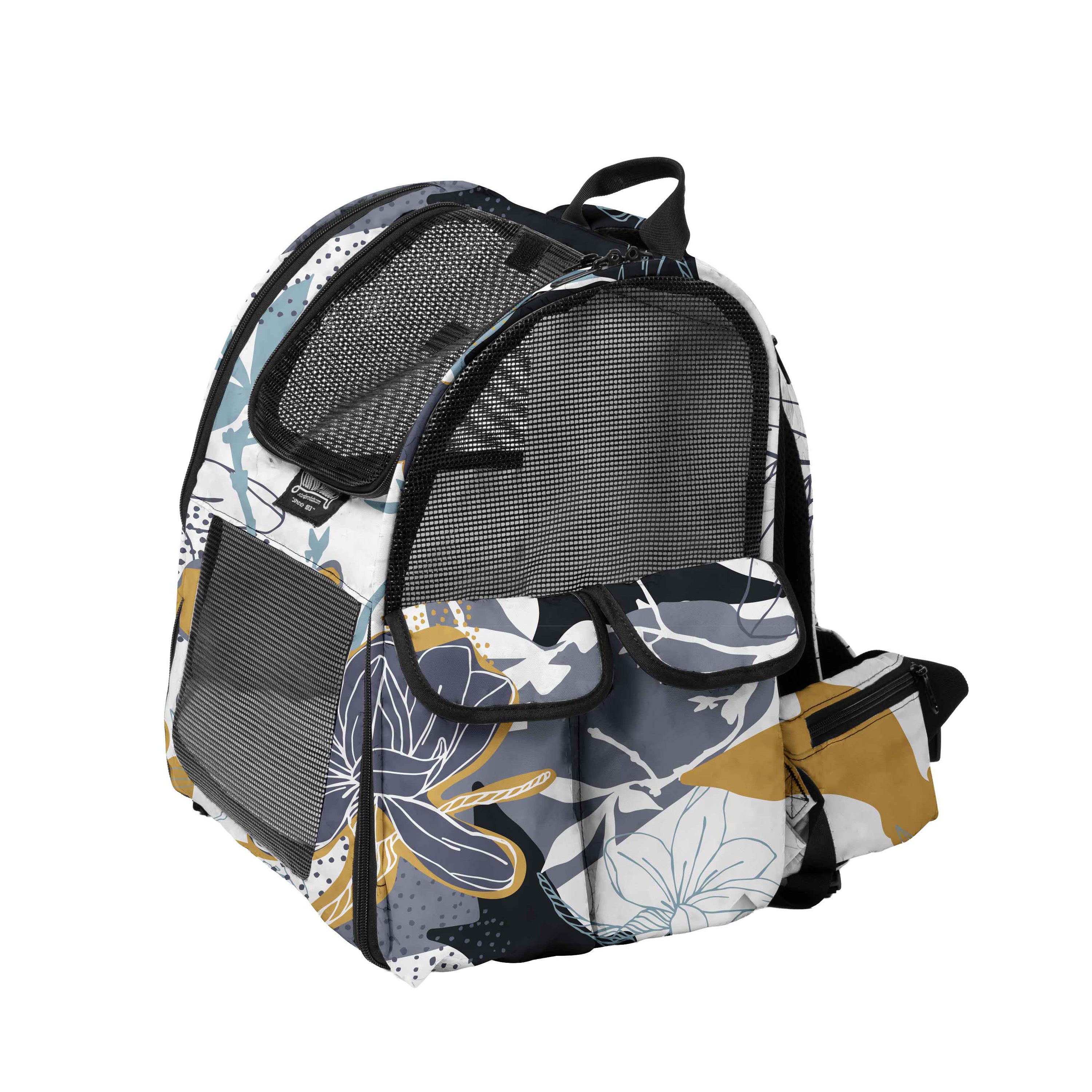 Sturdi Everyday Pet Backpack with a limited edition floral print, mesh windows, and side pockets.